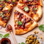 homemade vegan bbq pizza with seitan chicken, corn and cilantro.
