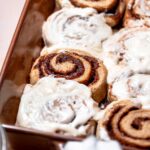 vegan cinnamon rolls without yeast in a baking dish.