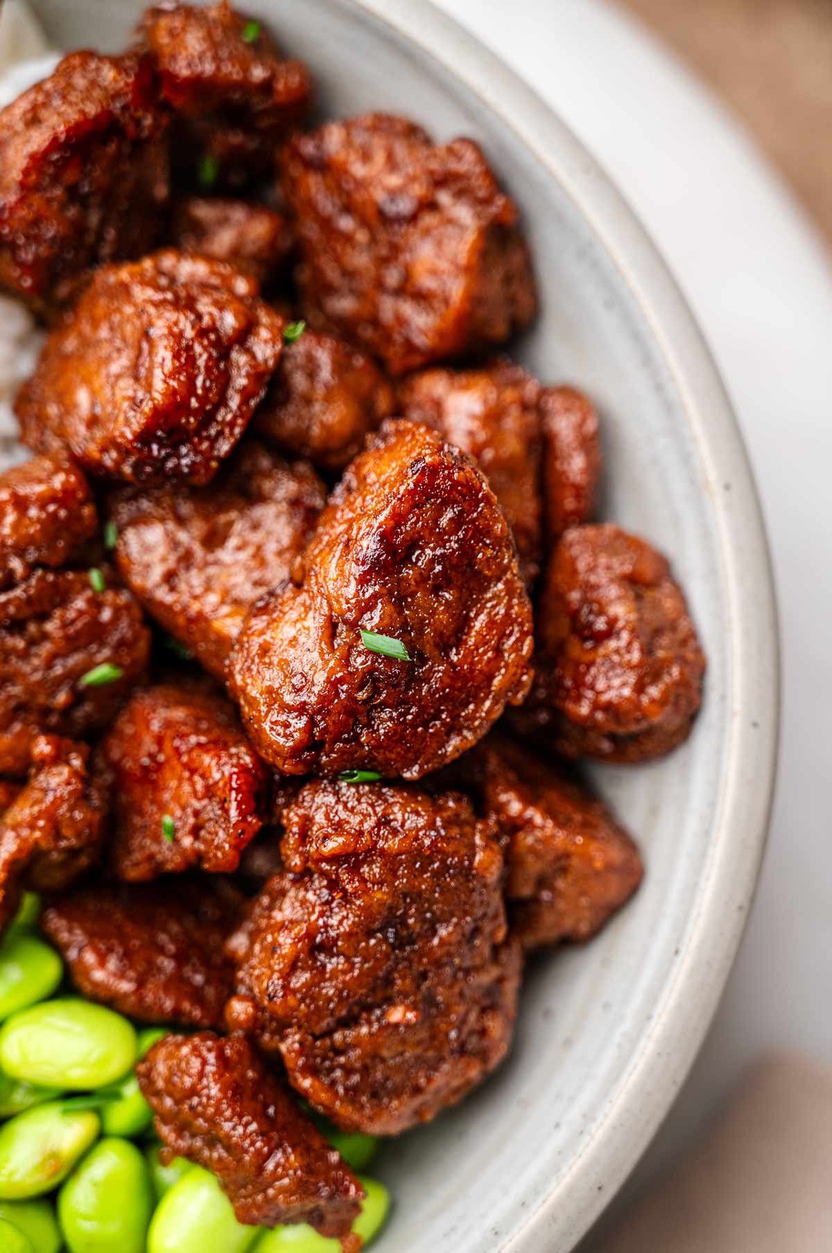 a bowl of vegan beef tips made from seitan.