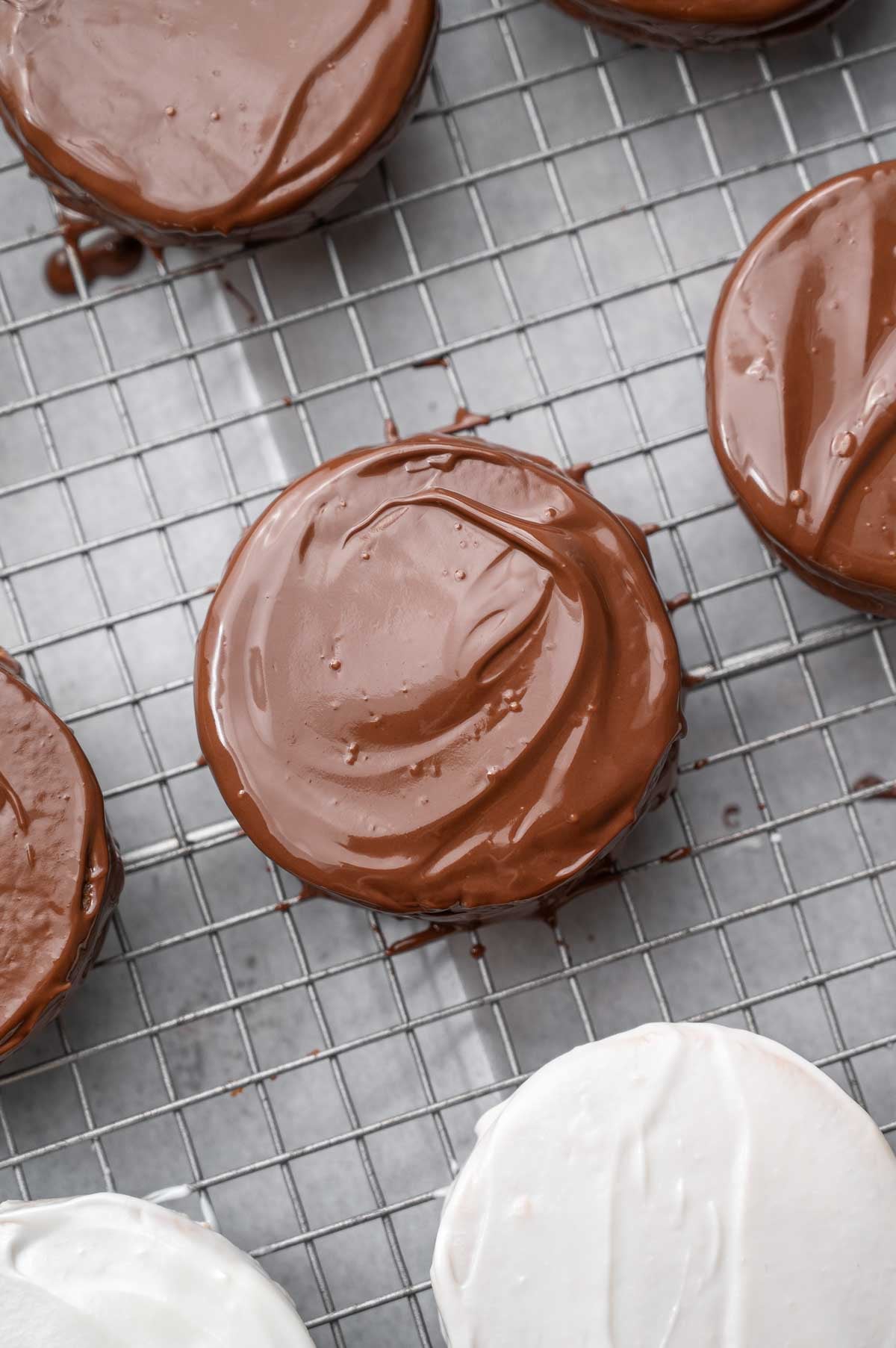 a top view of a chocolate coated homemade moon pie made without dairy, eggs or gelatin.
