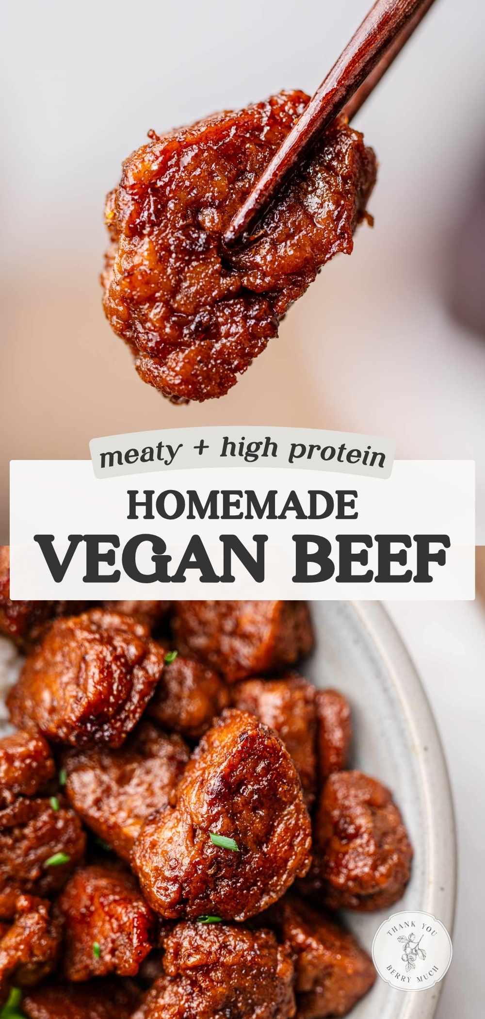 a pinterest pin for the vegan beef recipe.