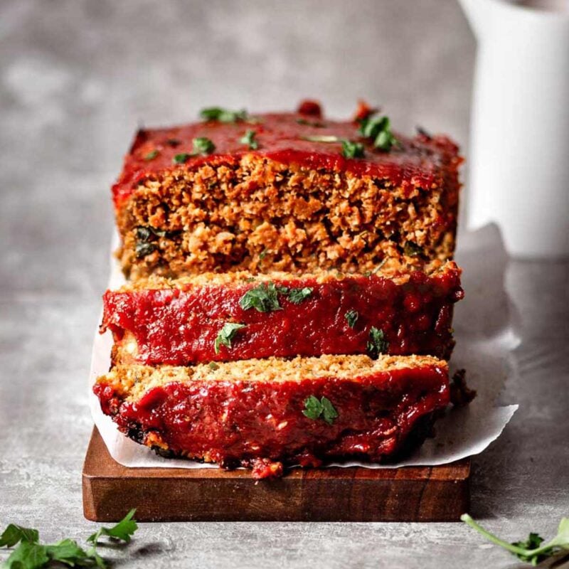 vegan beyond meat meatloaf with homemade bbq sauce.