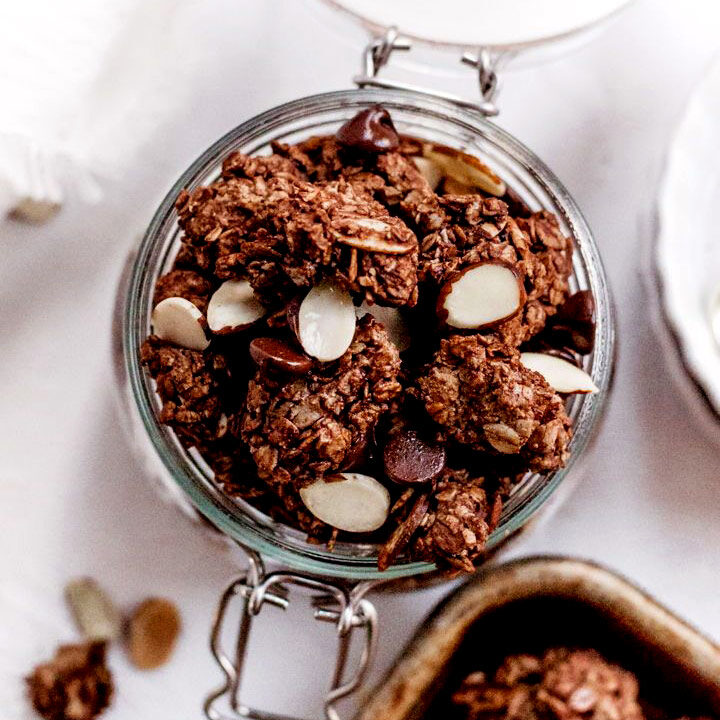 dark chocolate granola with almond butter.