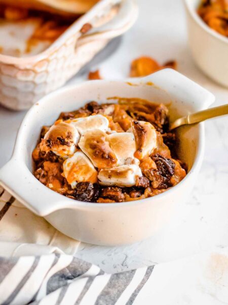 the best vegan sweet potato casserole in a small bowl.