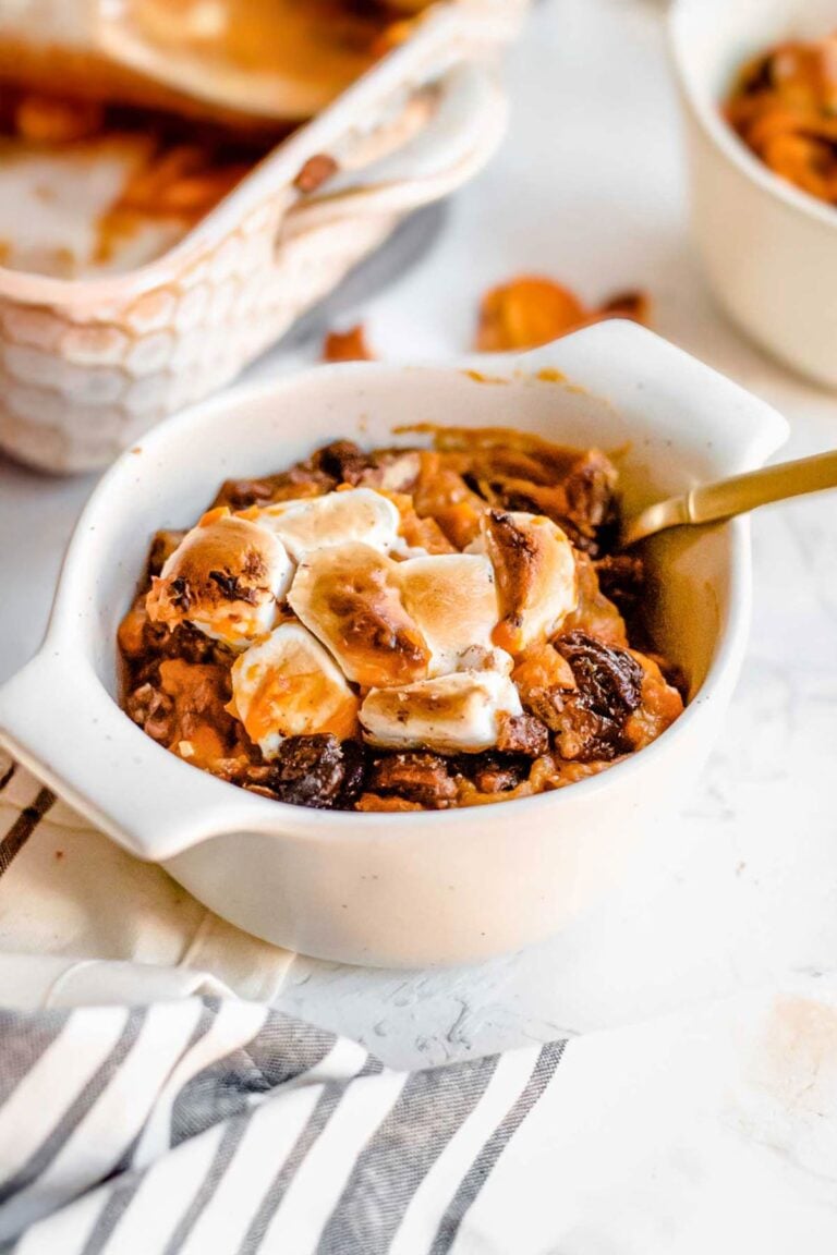 the best vegan sweet potato casserole in a small bowl.