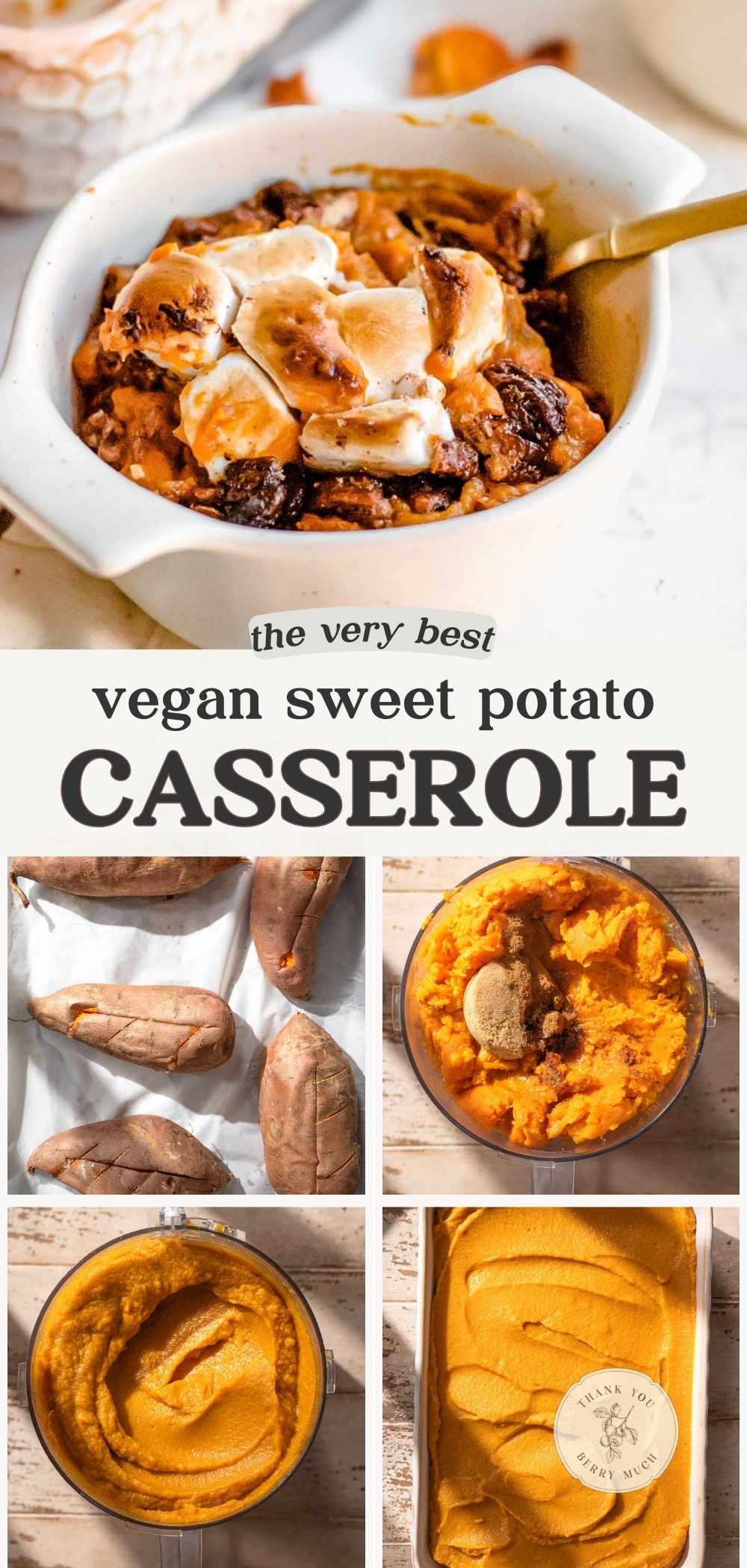 a collage with images of the vegan sweet potato casserole and text describing the recipe.