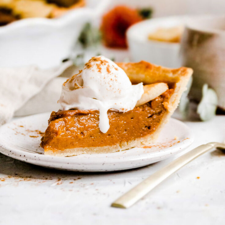 A slice of vegan sweet potato pie on a white dessert plate.