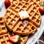 crispy vegan waffles with a pat of dairy free butter and syrup on top.