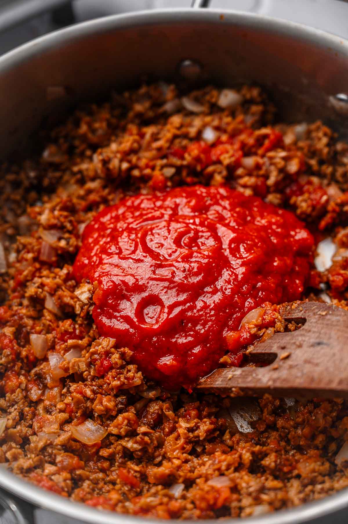vegan ground beef with a marinara sauce.
