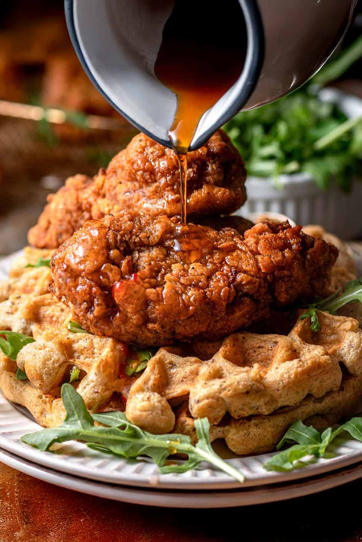 vegan buttermilk chicken on a waffle.