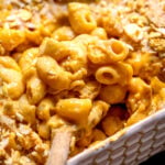 vegan baked mac and cheese with cracker topping.