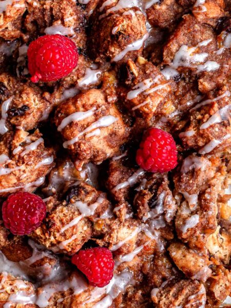a close up of the french toast casserole after baking.