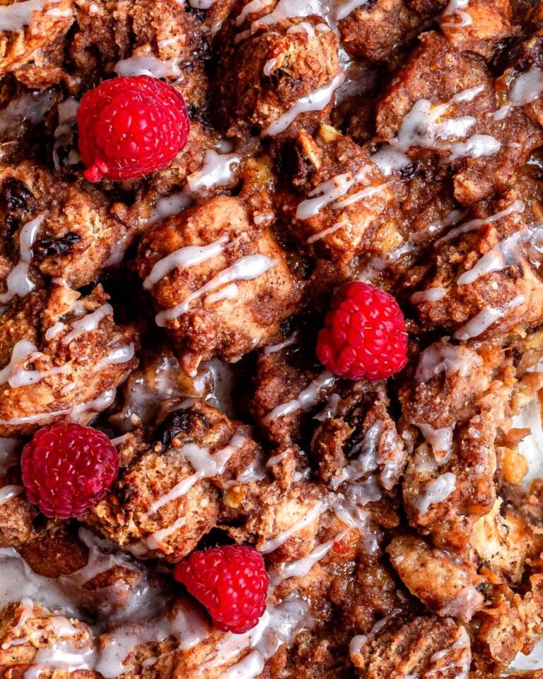 a close up of the french toast casserole after baking.