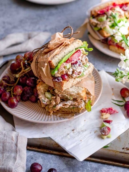 vegan chicken salad made with seitan on a plate.