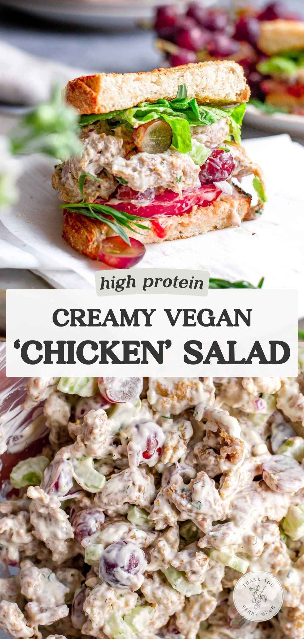 a graphic with text overlay that says 'creamy vegan chicken salad' over two images of the recipe