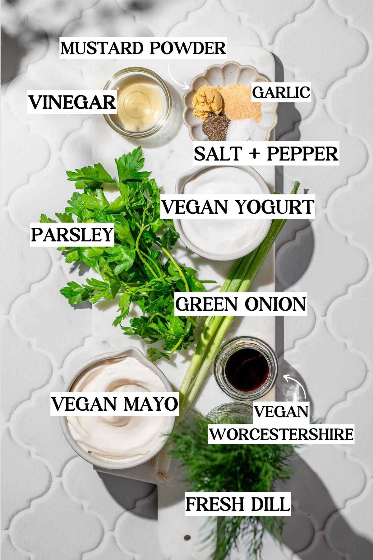 ingredients like vegan mayo, yogurt, dill, and herbs.