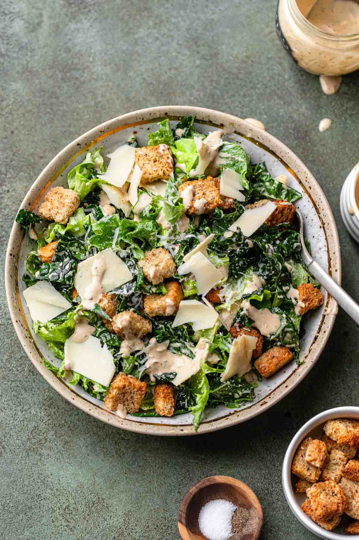 vegan caesar salad with kale, croutons and homemade dressing.