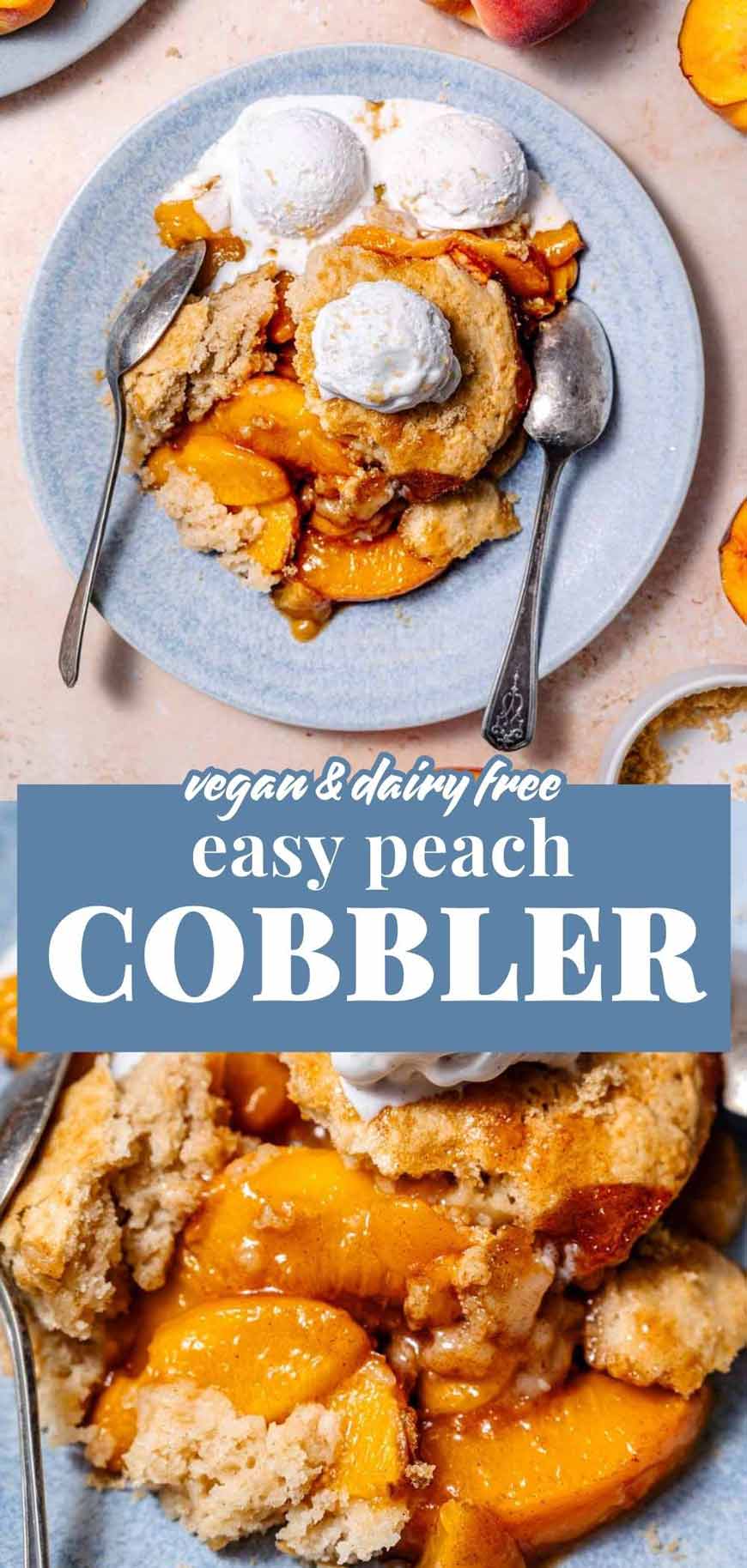 a pinterest pin for the peach cobbler recipe.