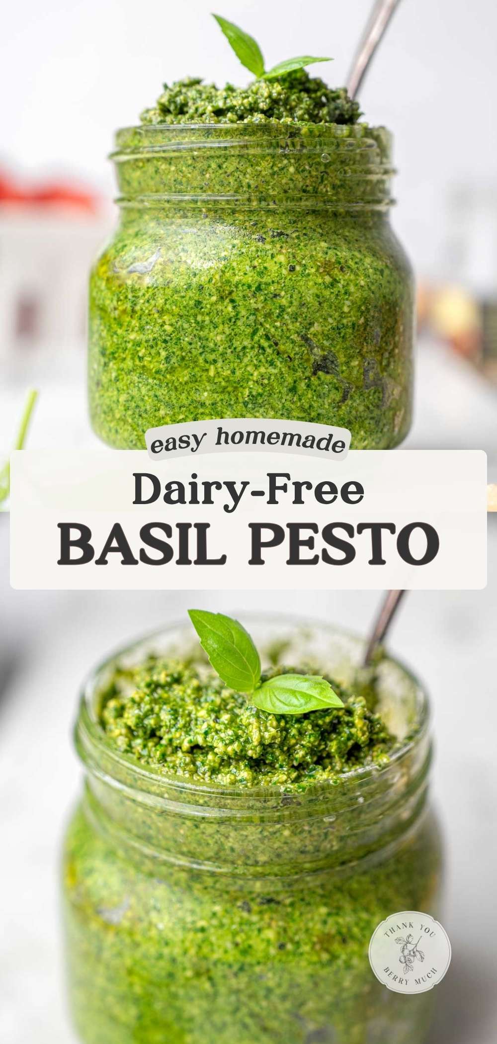 two images of vegan pesto with text overlayed on top describing the recipe.