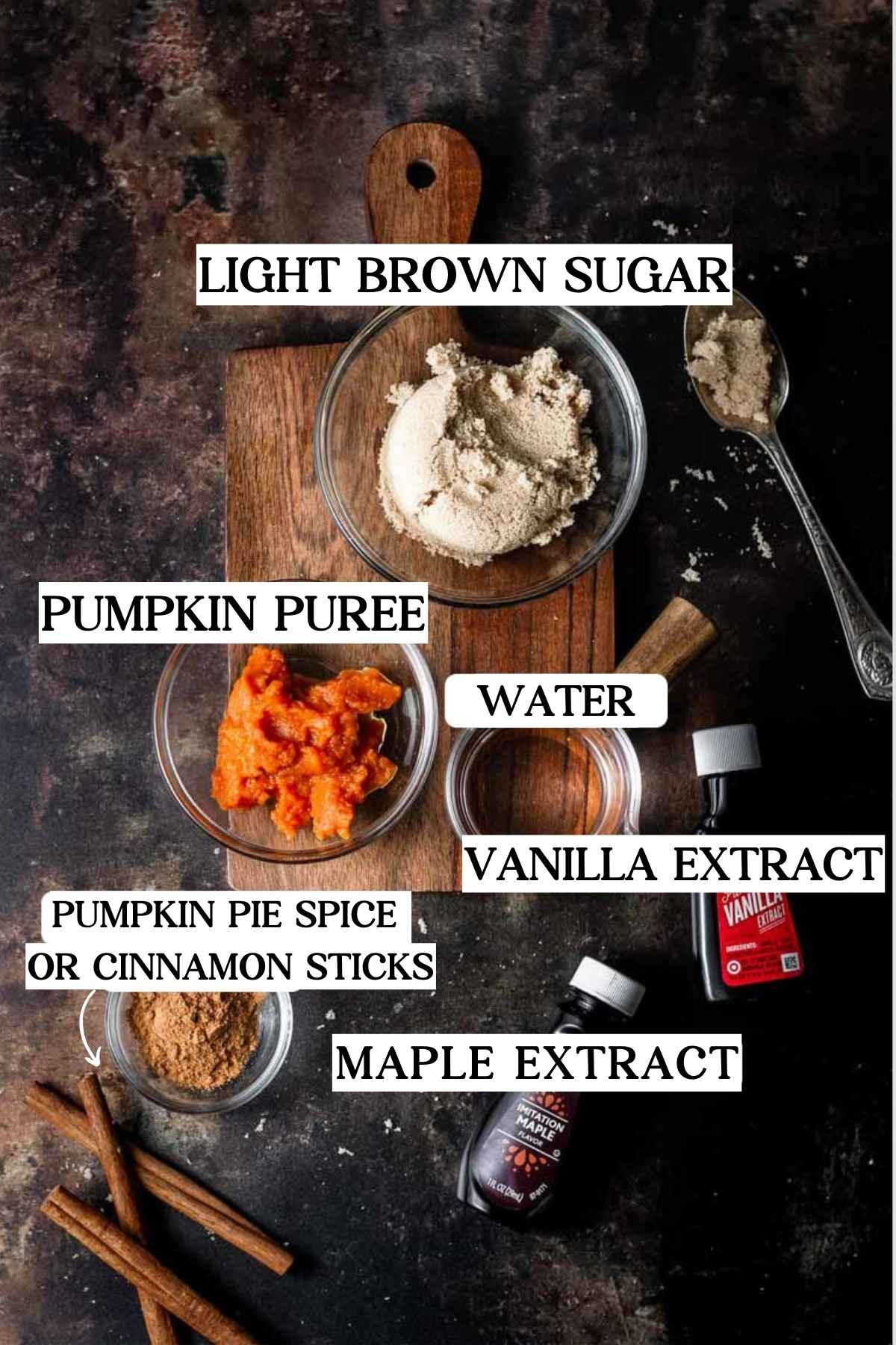 ingredients like brown sugar, pumpkin puree and spices for the brown sugar pumpkin syrup.