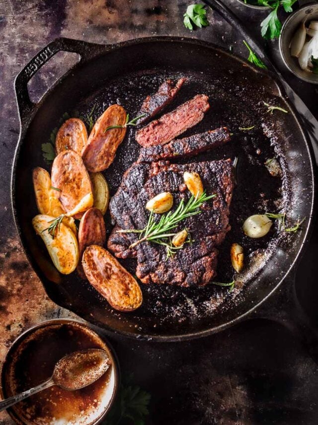 vegan steak in a cast iron pan.