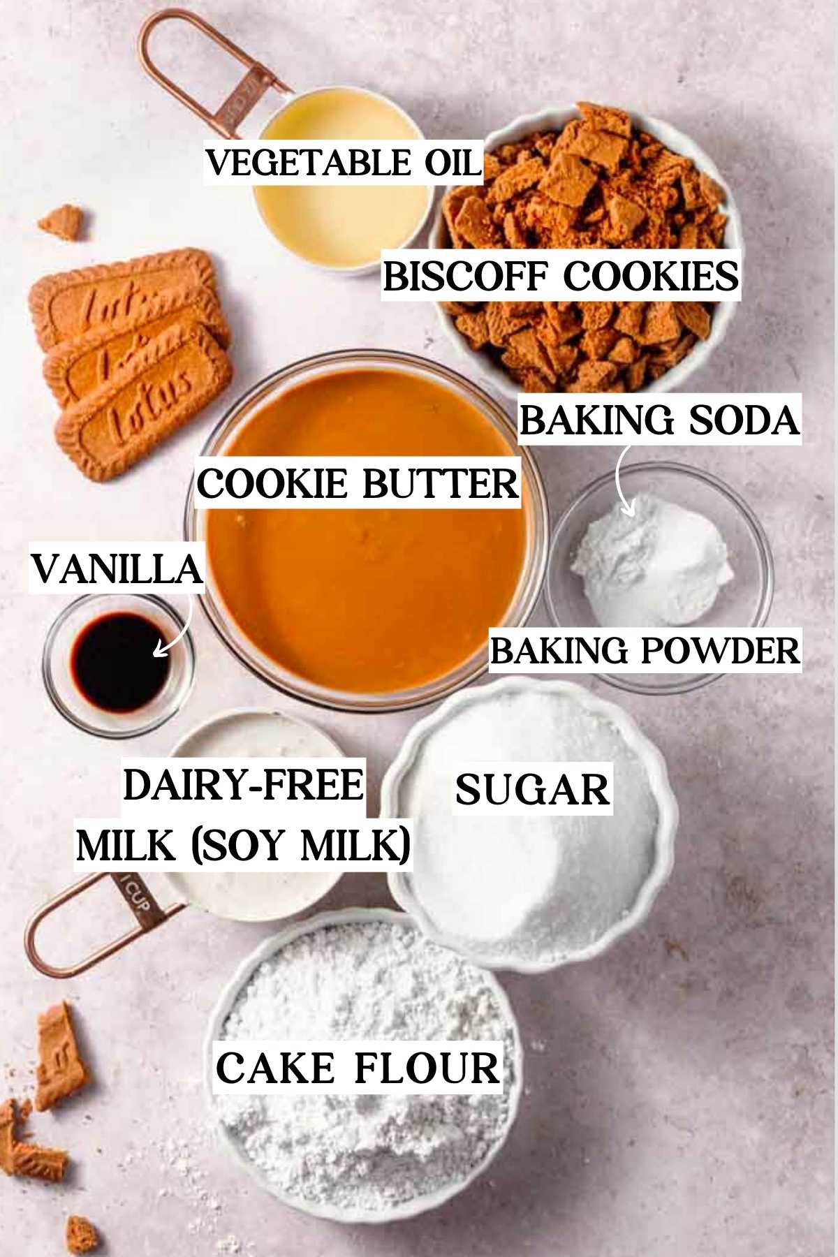 ingredients like cake flour, cookie butter, Biscoff cookies, oil and sugar.