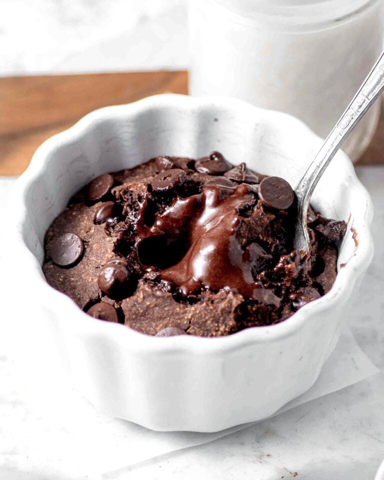 vegan nutella baked oats in a white ramekin.