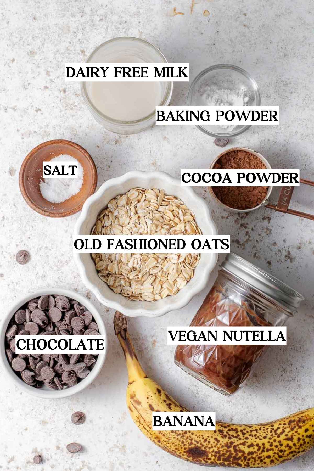 ingredients like oats, banana, nutella, and chocolate.
