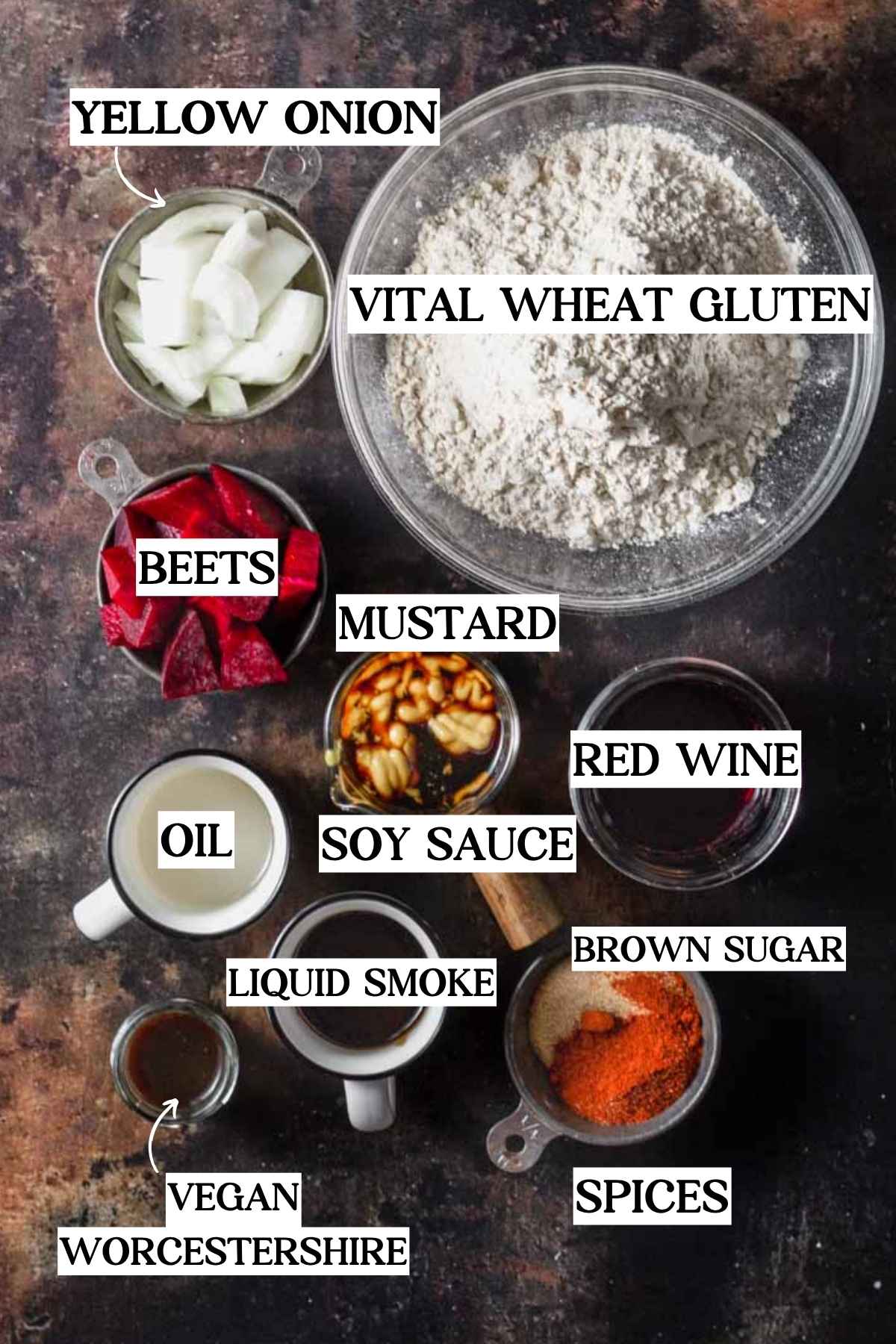 ingredients like vital wheat gluten, beets, onion and more for the seitan steak.