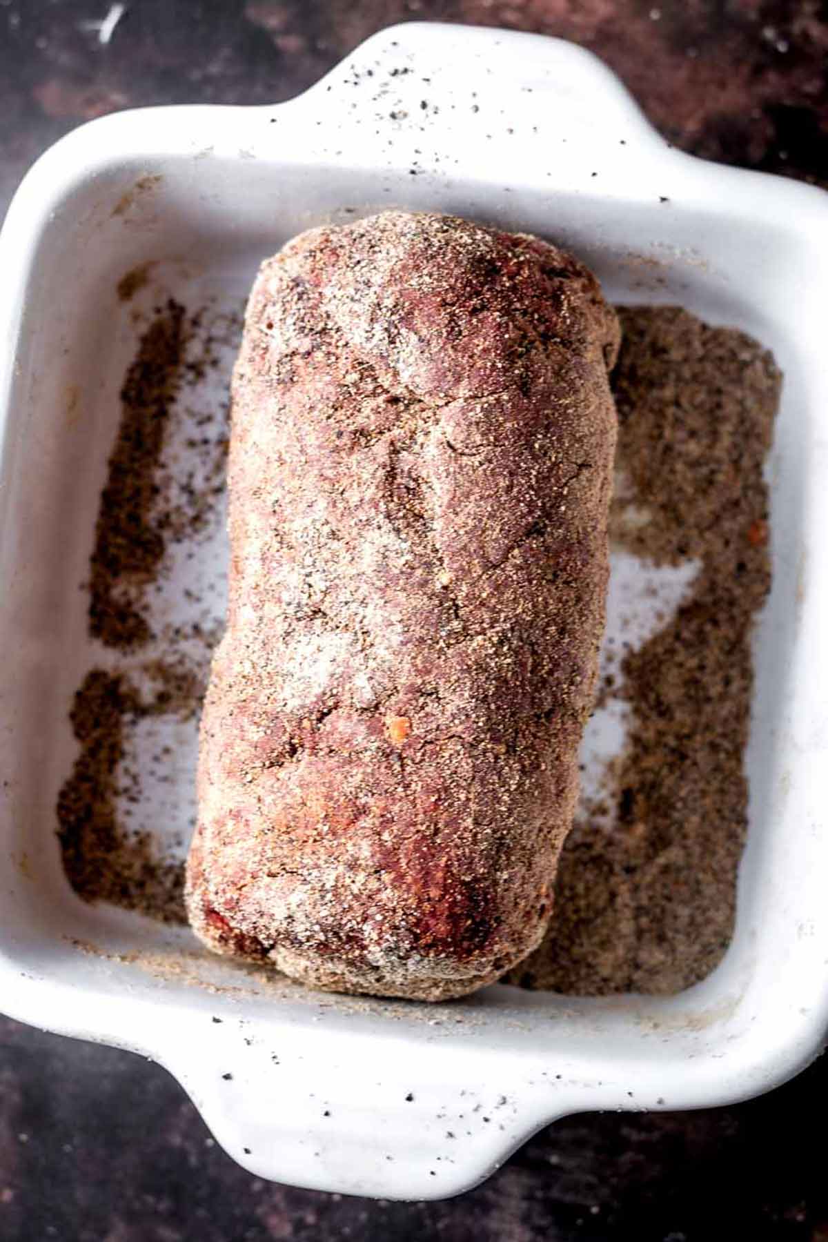 the seitan salami rolled in a peppercorn crust.
