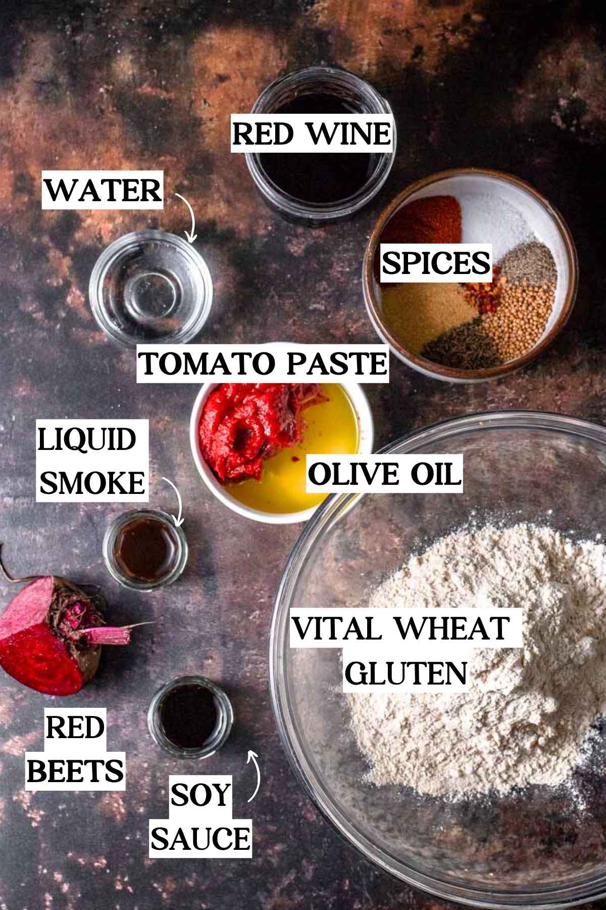 ingredients like vital wheat gluten, tomato paste, and red wine.