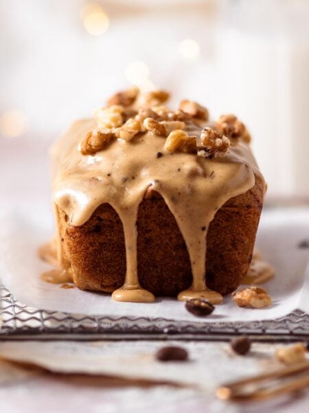 a loaf of coffee and walnut cake.