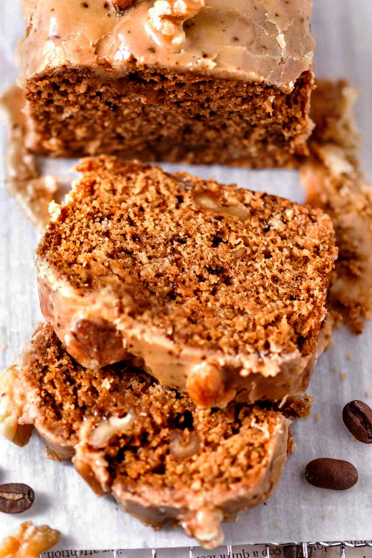 slices of vegan coffee and walnut loaf cake.