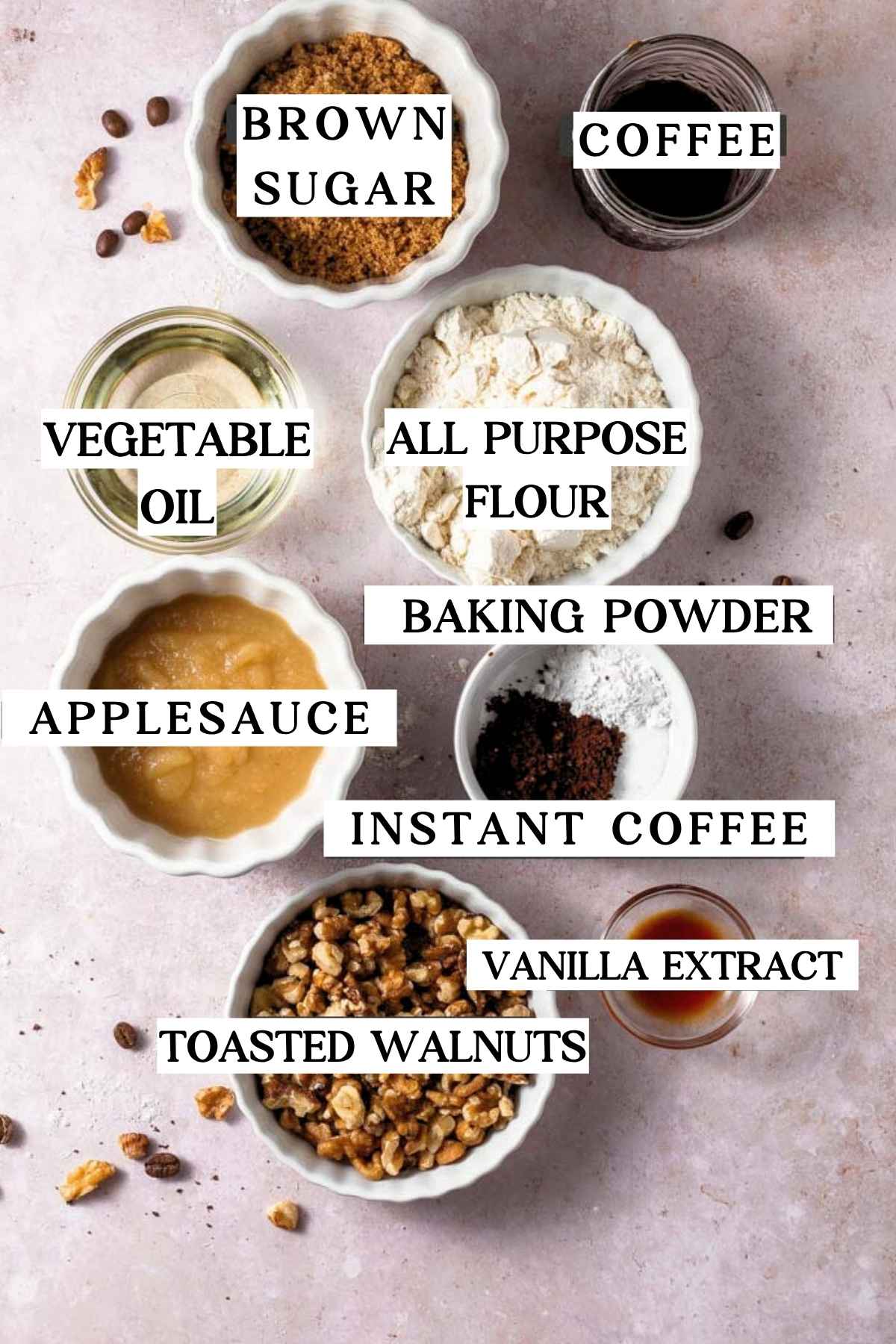 ingredients like flour, coffee, walnuts and sugar.