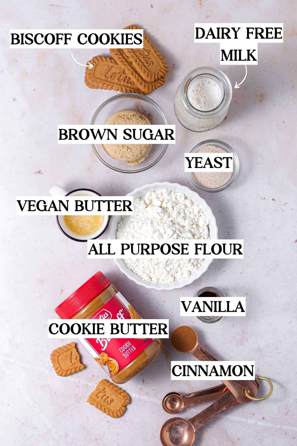 ingredients for the Biscoff cinnamon rolls like cookie butter, flour, brown sugar and butter.