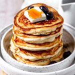 A stack of vegan pancakes made with bisquick.