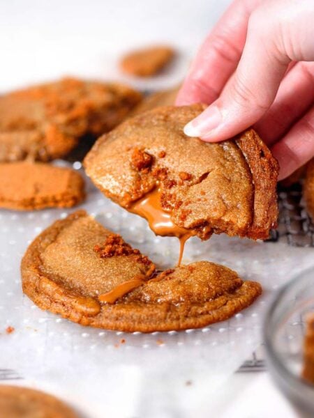 stuffed biscoff cookie butter cookies with a gooey lava center.