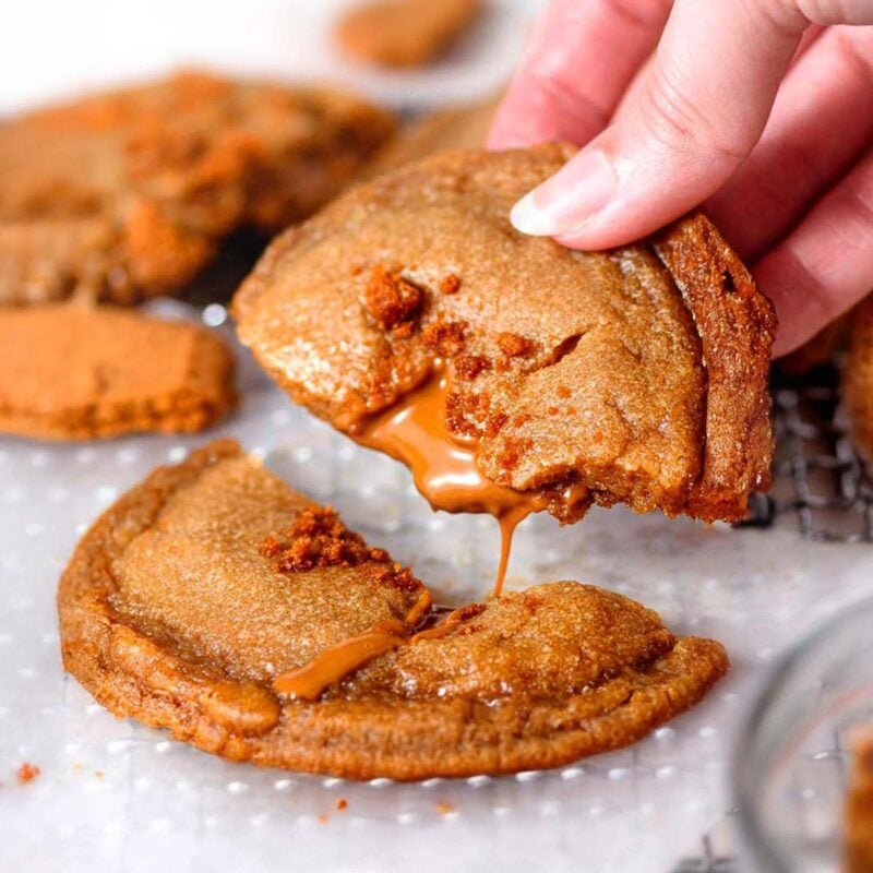 stuffed biscoff cookie butter cookies with a gooey lava center.
