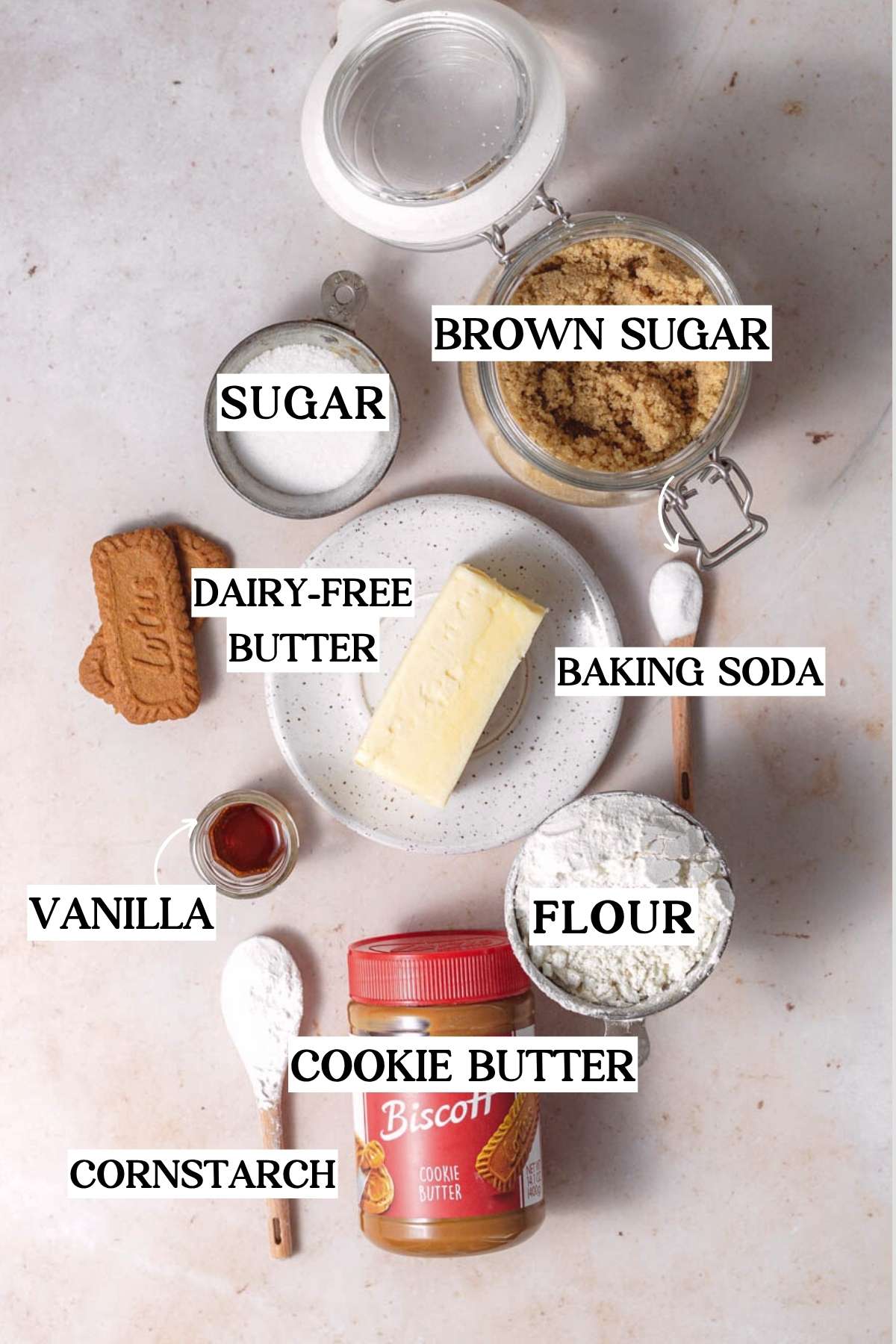 ingredients like cookie butter, flour, vegan butter and sugar.