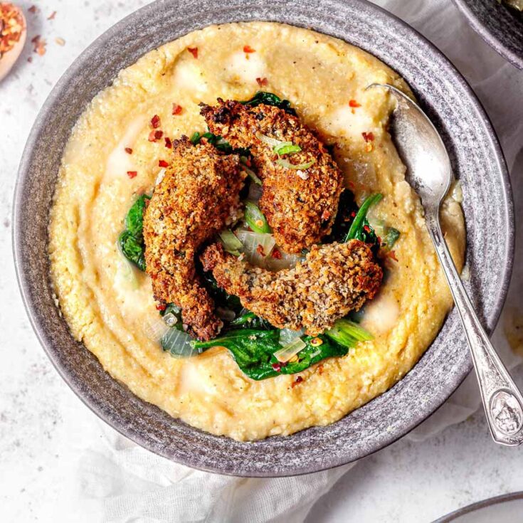 vegan shrimp and grits in a bowl.