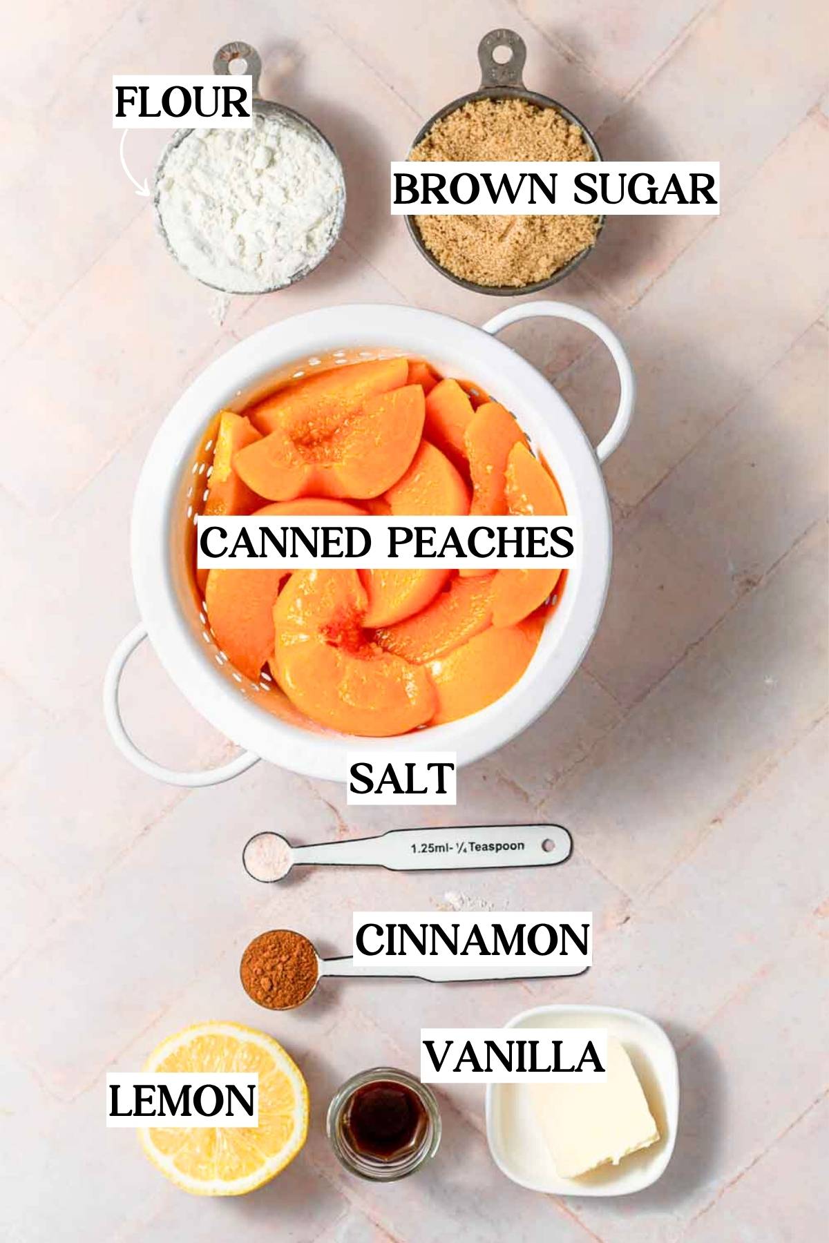 ingredients including canned peaches, flour, brown sugar and cinnamon on a tiled surface.