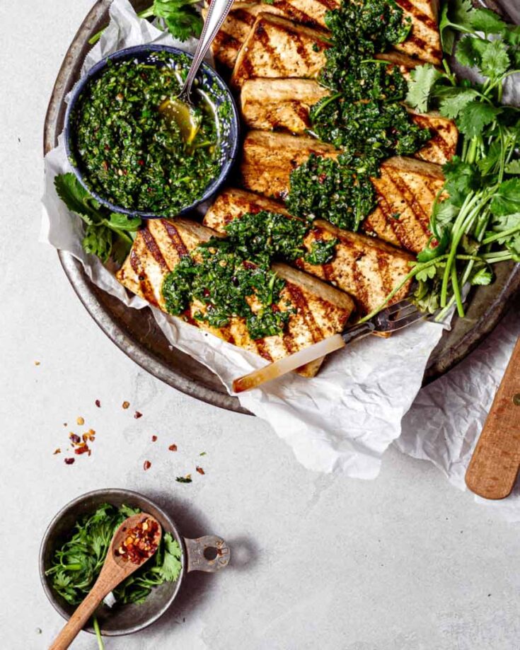 marinated grilled tofu with cilantro chimichurri.