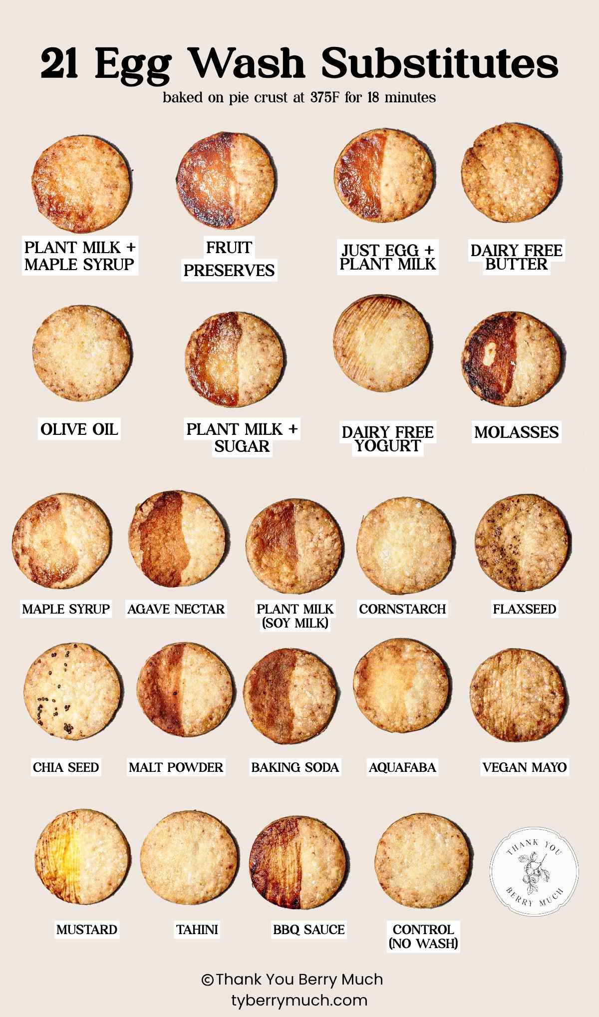 Chart showing 21 baked pie crust rounds tested with different vegan egg wash substitutes, illustrating variations in browning and shine.