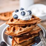 a stack of vegan protein waffles with dairy-free whipped cream and blueberries.