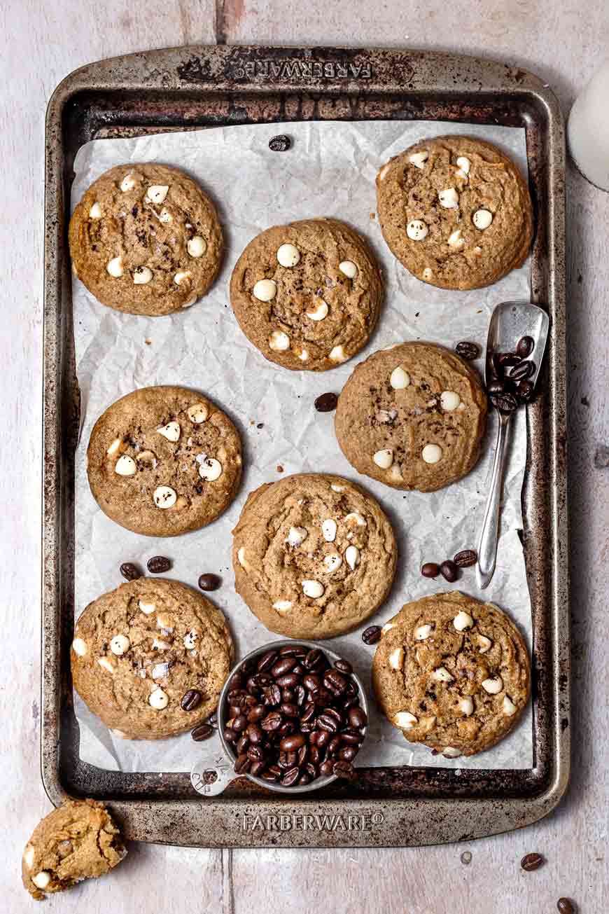 baked coffee cookies on a baking sheet.