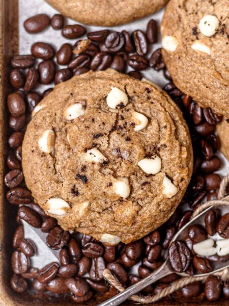 a vegan coffee cookie with white chocolate chips.