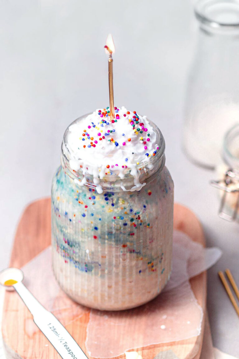 cake batter overnight oats with funfetti sprinkles.