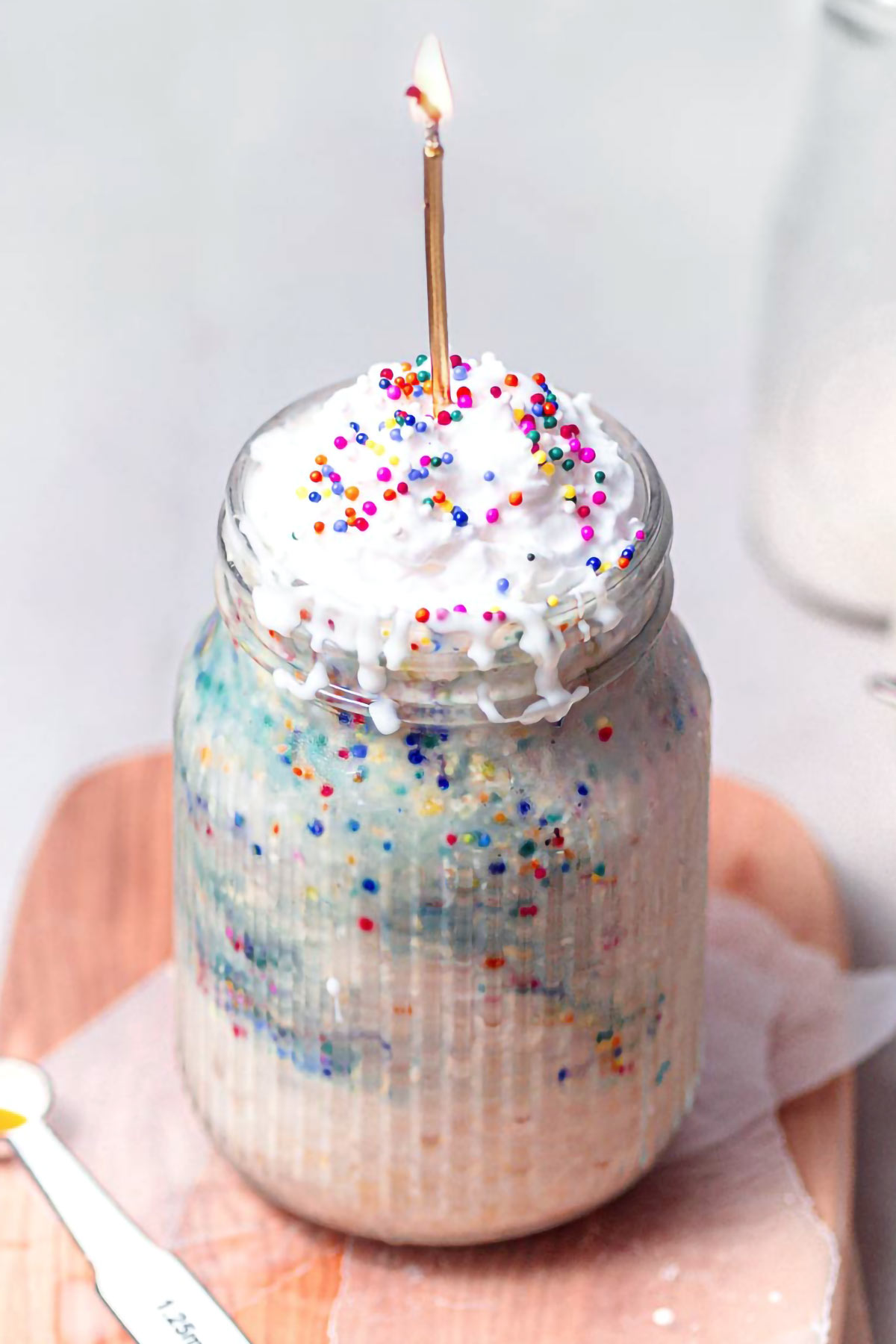 cake batter overnight oats with funfetti sprinkles.