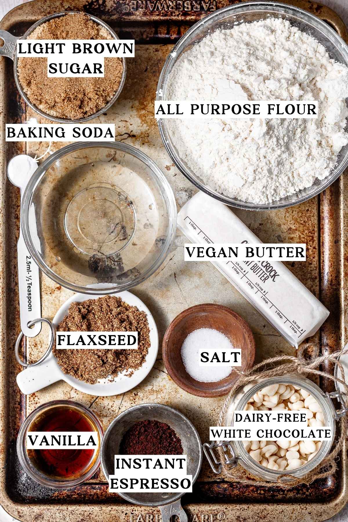 ingredients like vegan butter, sugar, flour and espresso powder.