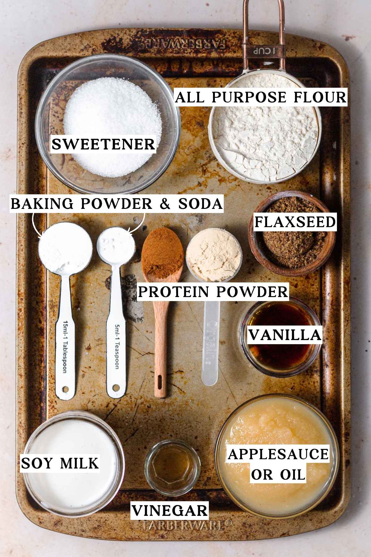 ingredients like flour, applesauce, leavening, cinnamon and plant-based protein powder.